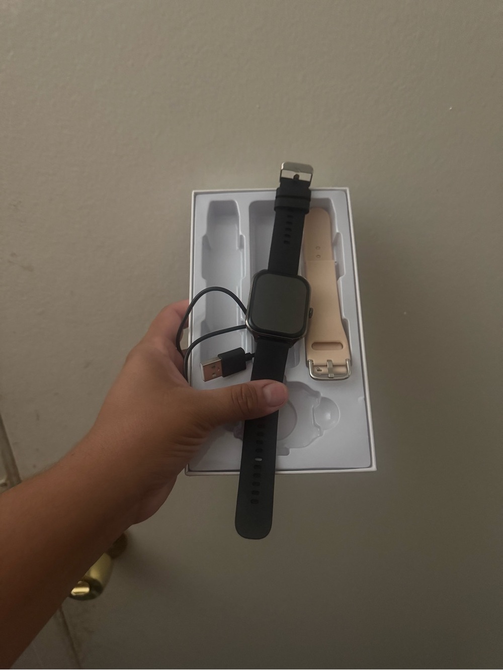 Black Smart Watch with Extra Beige Band - Wearable Fitness Tracker